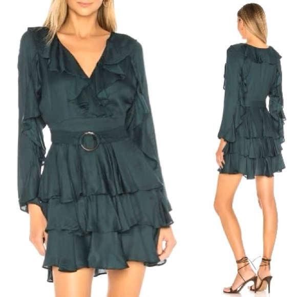 Tularosa Dresses & Skirts - Tularosa Flora Long Sleeve Ruffle V Neck 3 Tiered Skirt Teal Green Blue Dress S